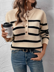 Tan waffle knit henley sweater with black stripes and button detail