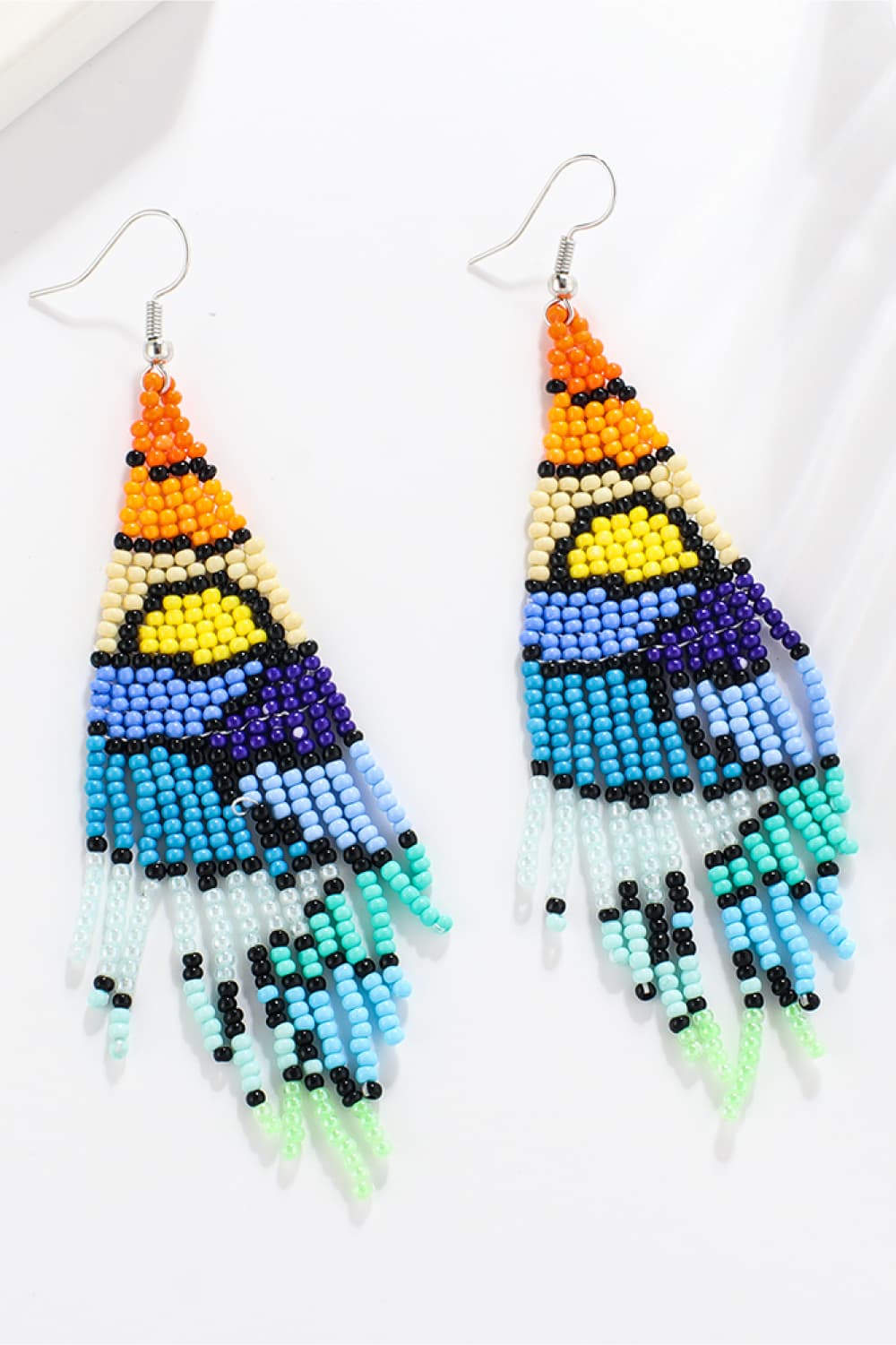 Women's chic beaded drop earrings in Style C with colorful geometric pattern and fringe detail.