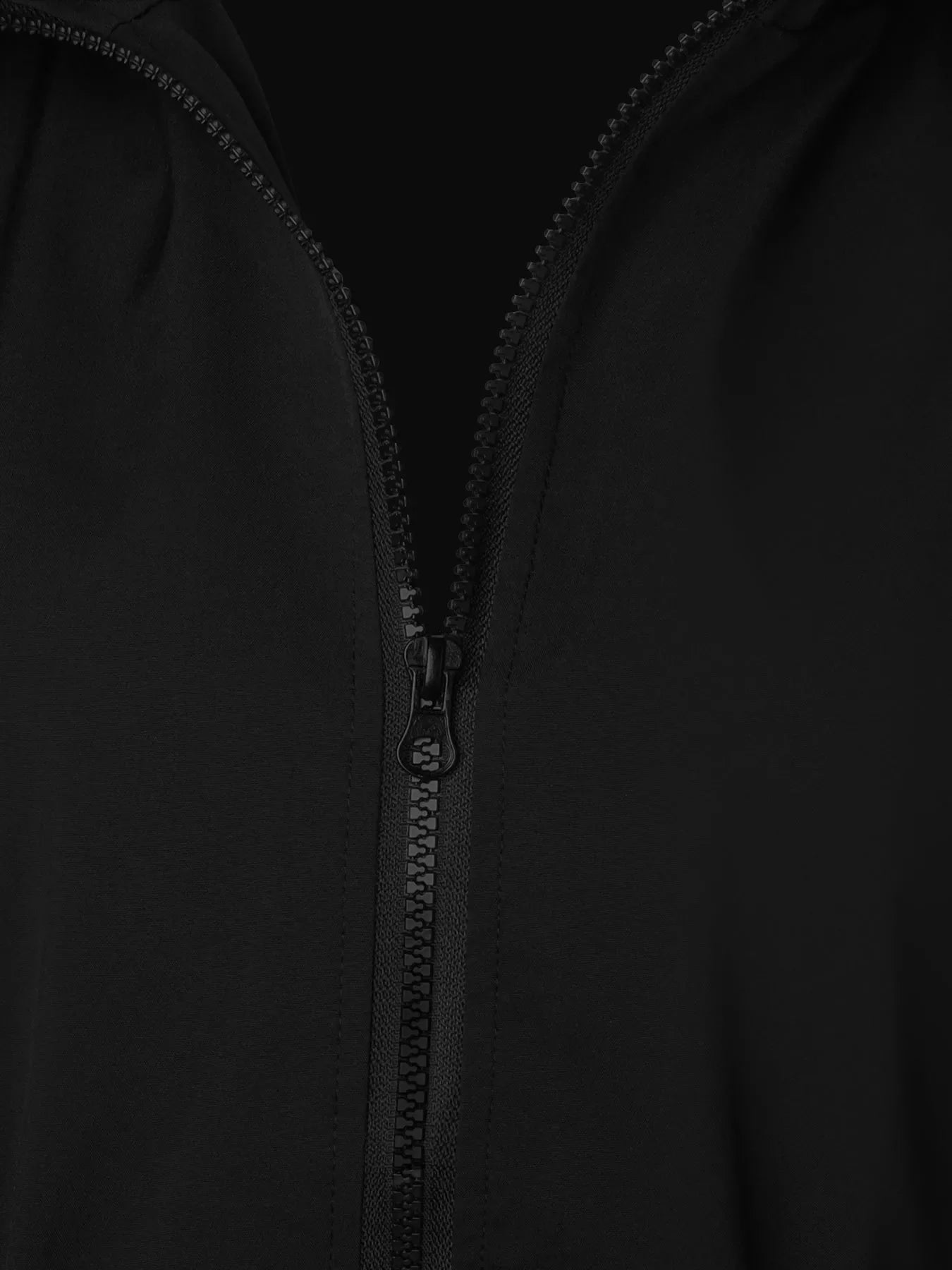 Black waterproof hooded zip-up jacket with drawstring detail
