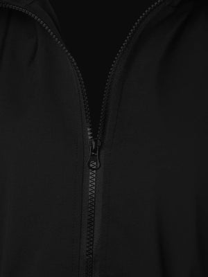 Black waterproof hooded zip-up jacket with drawstring detail