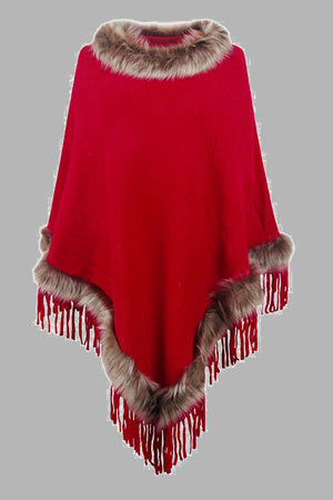 Deep Red textured knit poncho with faux fur trim and fringe details.