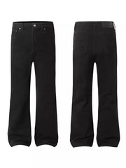 Men's black high-waisted flare leg trousers with a classic five-pocket design.