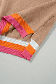 Colorblock trim balloon sleeve knit sweater in tan with pink, orange, and white stripes.