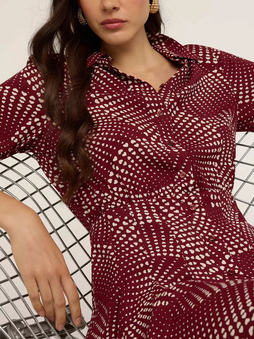 Maroon heart dot print mini shirt dress with button front and collar.
