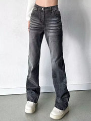 Men's black high-waisted straight leg jeans with button closure and faded details.