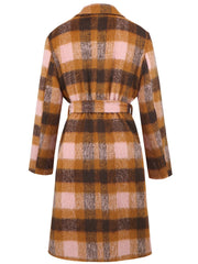 Belted overcoat in plaid bouclé with pink and brown tones.