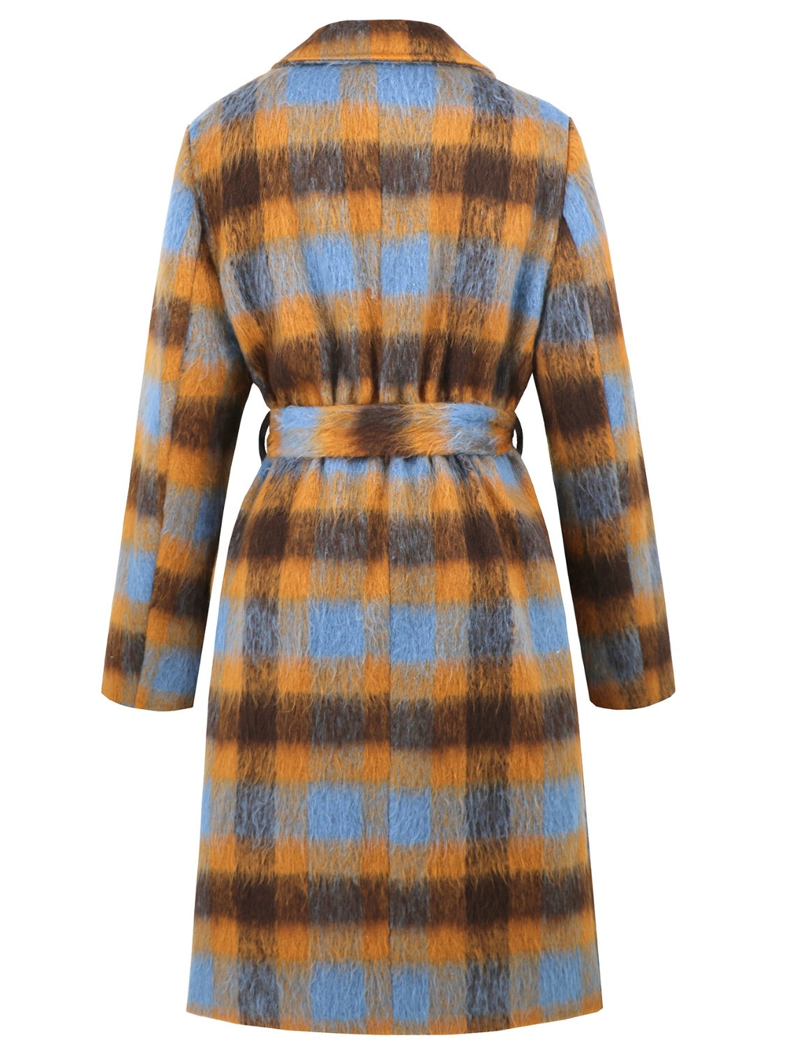 Belted bouclé overcoat with plaid pattern in brown, blue, and orange.