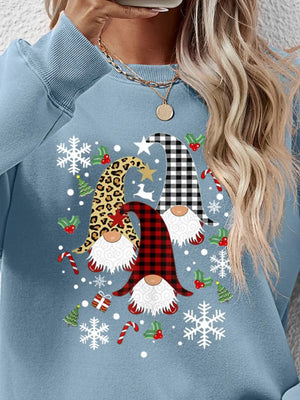 Festive gnome graphic raglan sweatshirt in Misty Blue with holiday icons.