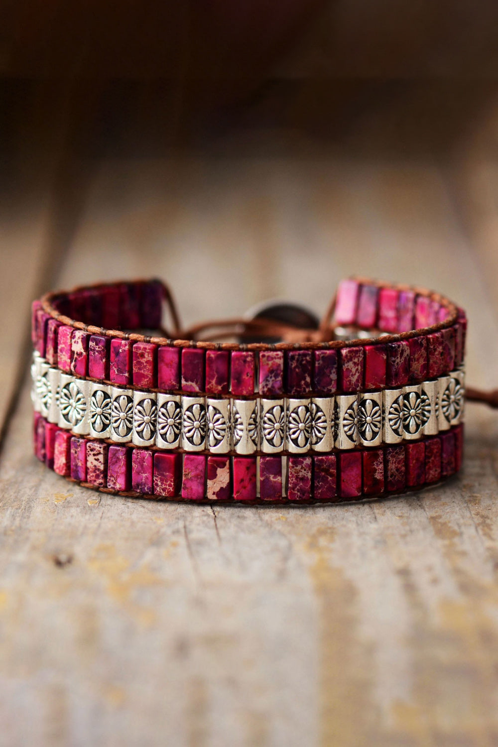 Turquoise Tile & Floral Accent Bracelet in Hot Pink with silver floral accents