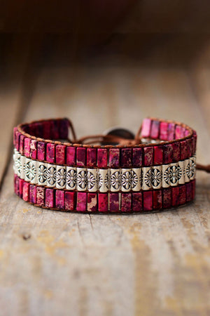 Turquoise Tile & Floral Accent Bracelet in Hot Pink with silver floral accents