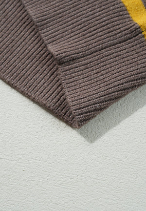 Brown knit sweater with yellow stripe detail