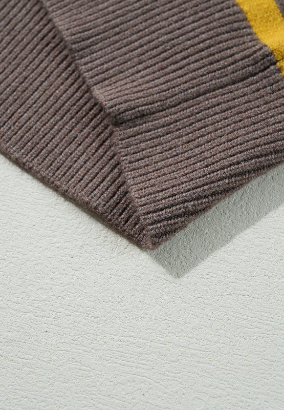 Brown knit sweater with yellow stripe detail