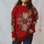 Red acrylic knit sweater with gold snowflake embellishments and metallic threads.