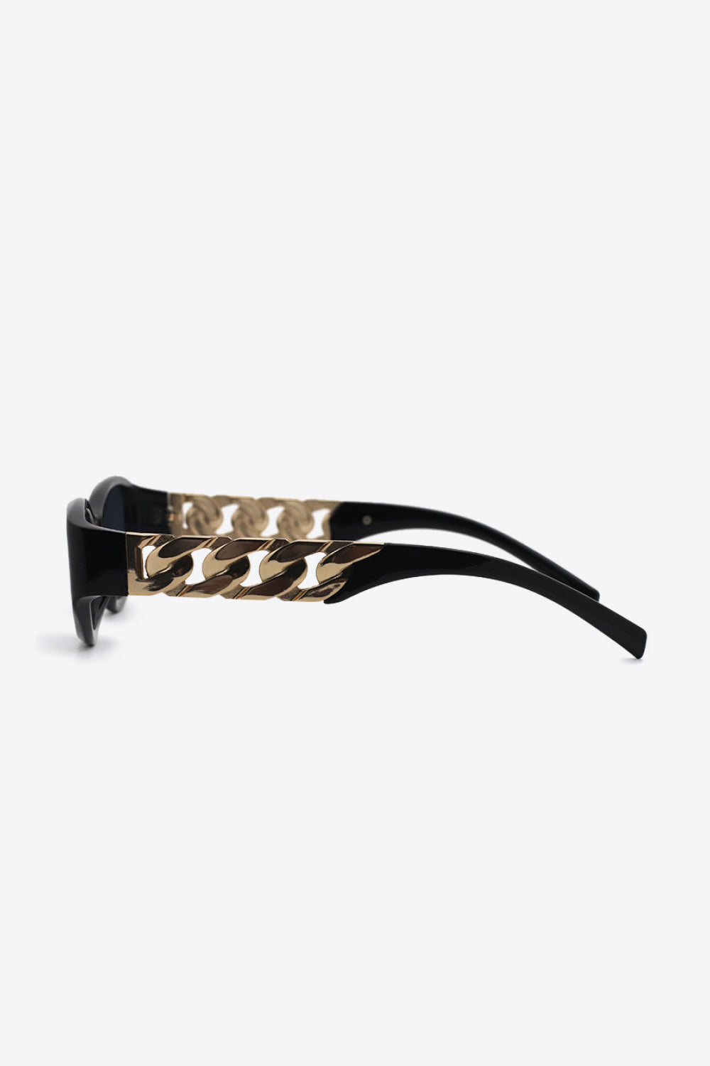 Black cat-eye sunglasses with gold chain detail on the temples