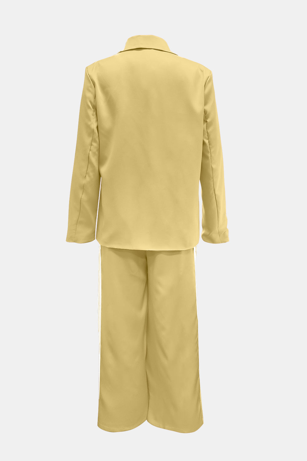 Pastel yellow pant suit with track stripes on the pants.