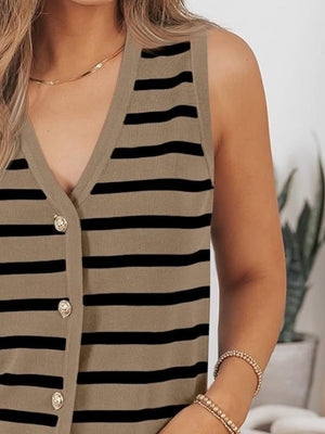 Button-front knit top in tan with black Breton stripes, V-neck, sleeveless.