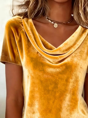 Gold velvet t-shirt with cowl neck and short sleeves.