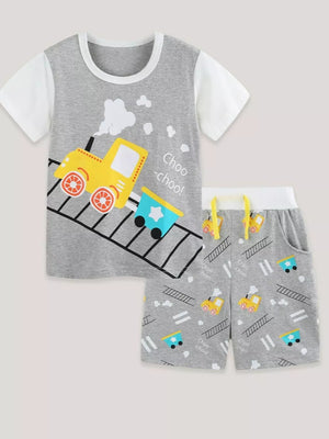 Grey cotton toddler t-shirt and shorts set with a yellow train print and "Choo choo!" text.
