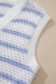 Light blue and white striped knit vest with open knit detail and V-neck.