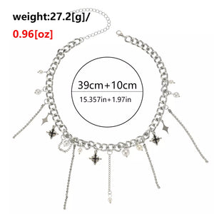 Tassel Star-moon Synthetic Pearl Pendant Choker in Silver, fit detail