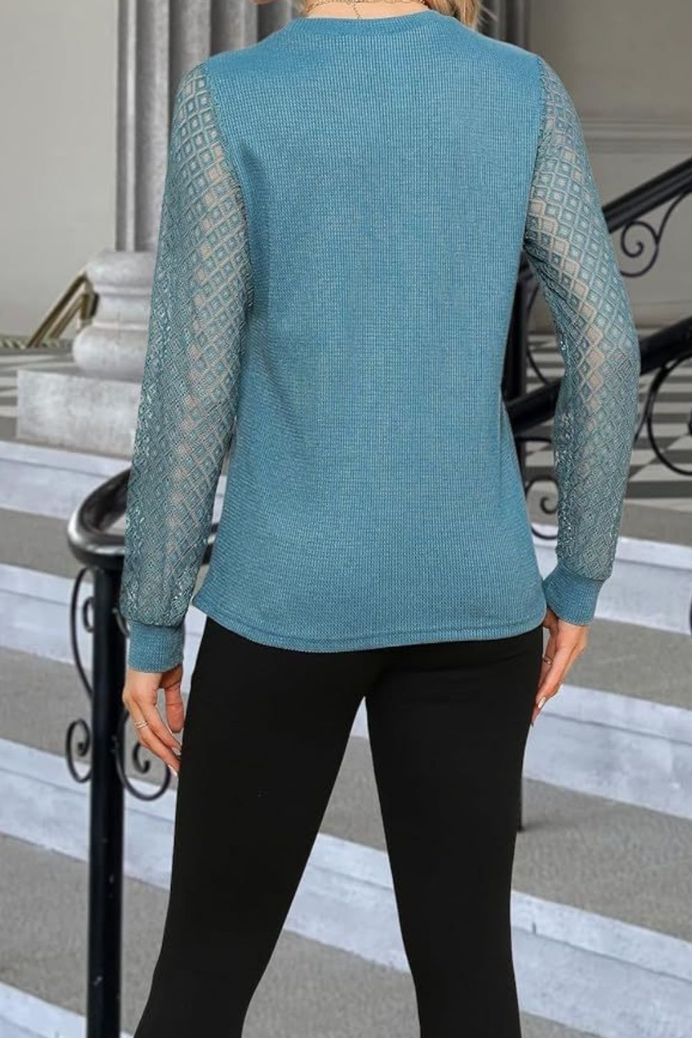 Cerulean waffle knit top with lattice detail long sleeves.