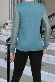 Cerulean waffle knit top with lattice detail long sleeves.