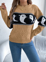 Camel cable knit crewneck sweater with a black band featuring white ghost motifs.