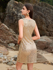 Gold sequin mini cover-up dress with a V-neck and sleeveless design.