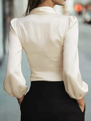 Elegant Satin Wrap Blouse With Bow Detail in Black, model styling view