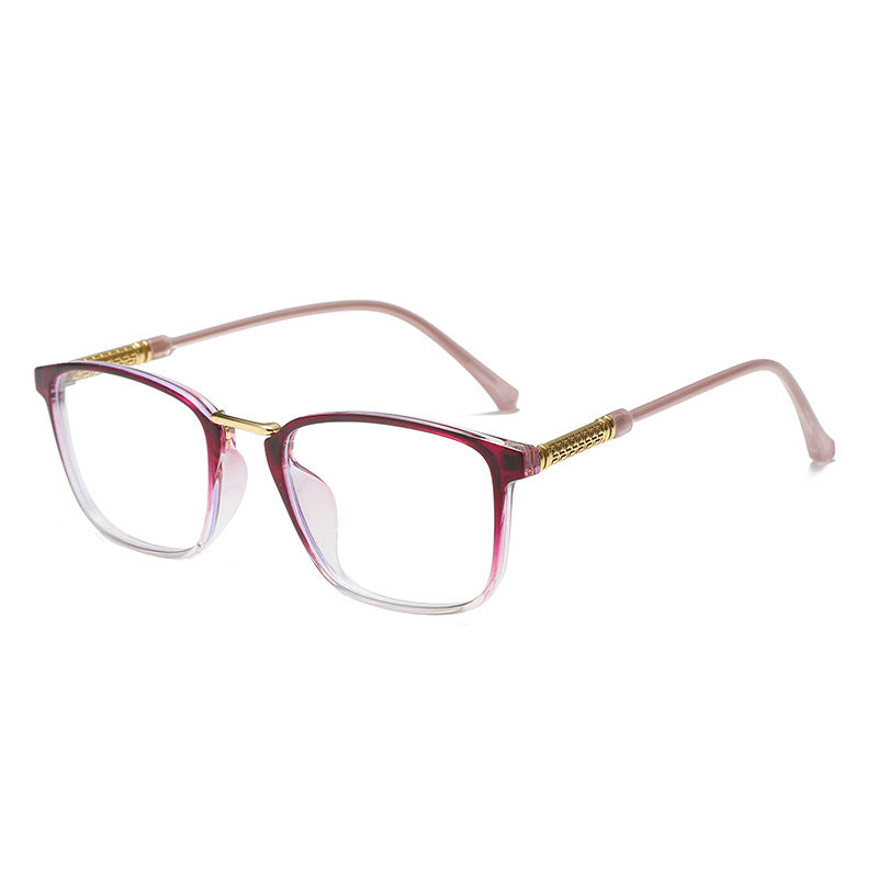 Premium anti-light glasses with clear lenses and a translucent pink acetate frame with gold accents.