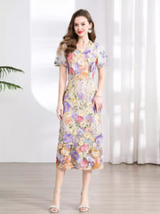 Embroidered Floral Puff Sleeve Midi Dress