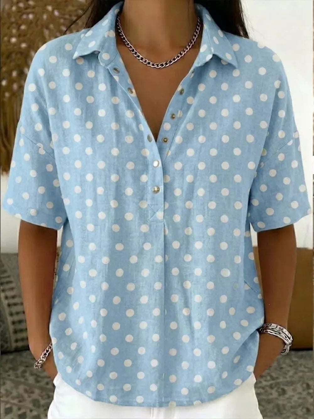 Full Size Polka Dot Short Sleeve Shirt Plus Size, front view
