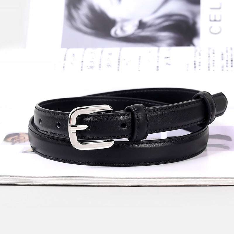 Black cowhide leather skinny belt with silver buckle
