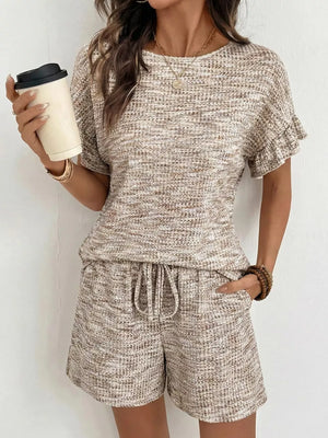 Ruffled sleeve knit two-piece set in khaki with drawstring shorts and textured fabric.