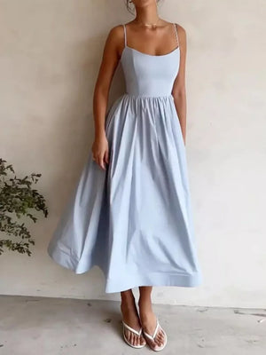 Light blue midi dress with adjustable straps and a-line skirt