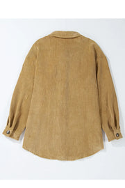 Camel corduroy overshirt with button-cuff sleeves and a classic collar.