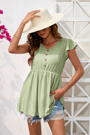 Sage eyelet babydoll blouse with flutter sleeves and button detail