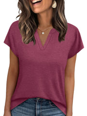 Burgundy heathered t-shirt with short sleeves and a notched V-neck.