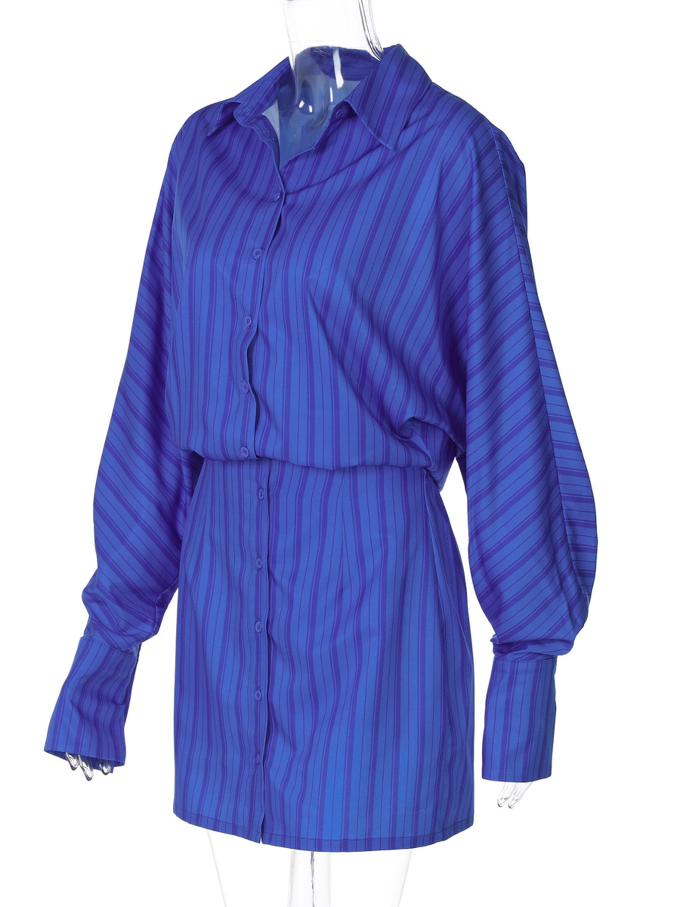 Blue striped button-down mini dress with long balloon sleeves and a cinched waist.