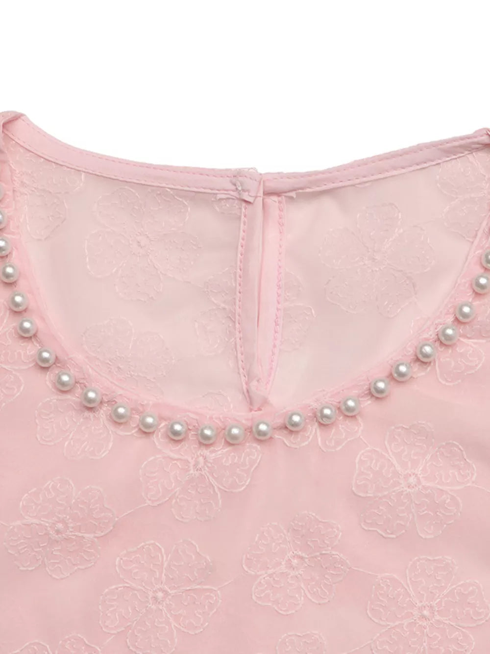 Pink embroidered floral blouse with pearl trim neckline and sheer overlay.