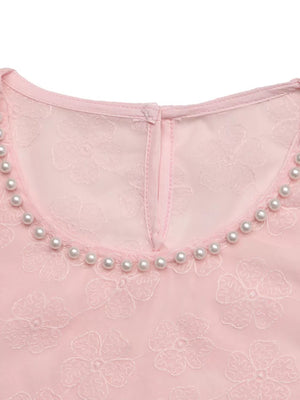 Pink embroidered floral blouse with pearl trim neckline and sheer overlay.