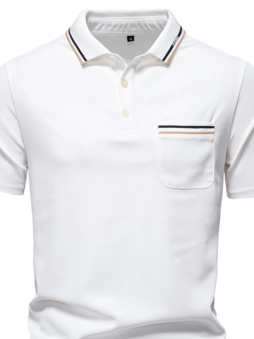 White polo shirt with textured fabric, contrast trim on collar and chest pocket.