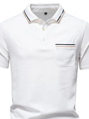 White polo shirt with textured fabric, contrast trim on collar and chest pocket.