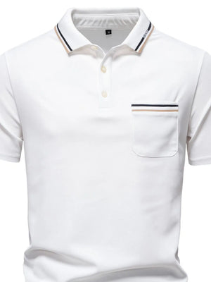 White polo shirt with textured fabric, contrast trim on collar and chest pocket.