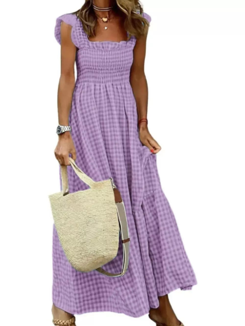 Purple gingham ruffled maxi dress with smocked bodice and square neckline.