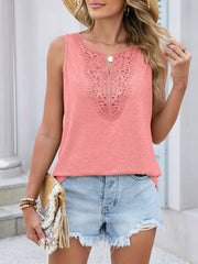 Coral sleeveless tank top with lace neckline detail