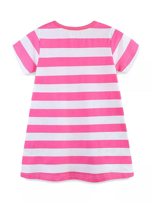 Toddler girls pink and white striped cotton dress with short sleeves.