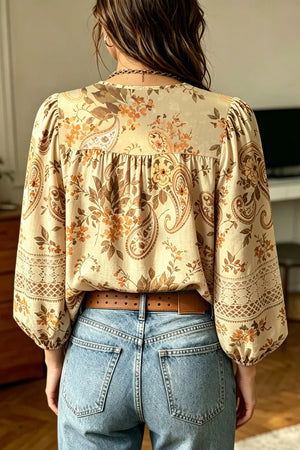 Paisley Print V Neck Shift Blouse in Pastel Yellow, side view