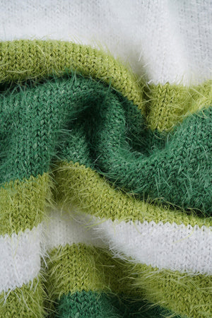 Green striped fuzzy knit cardigan with button-up detail