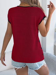 Deep red cable knit sleeveless sweater with black trim and side stripe detail.